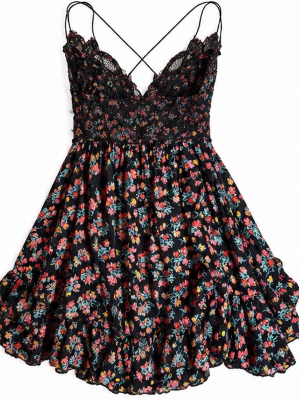 Free People Black Floral Lace-Trim Slip Dress with Multicolor Print